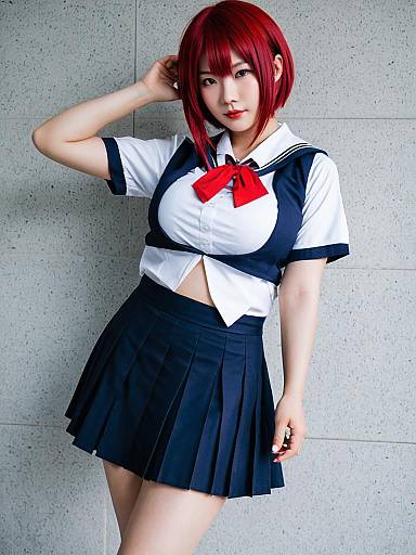 Red-Haired Woman in Japanese Schoolgirl Cosplay Outfit