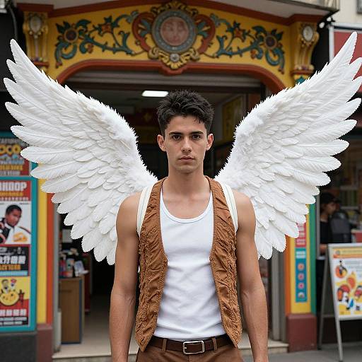 Young Man with White Angel Wings in Urban Street Setting