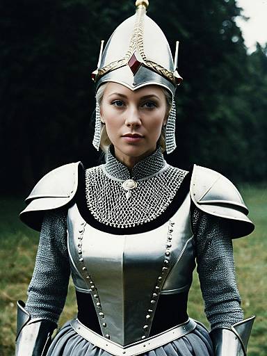 Regal Woman in Helen Mirren Excalibur Costume with Cinematic Realism Armor