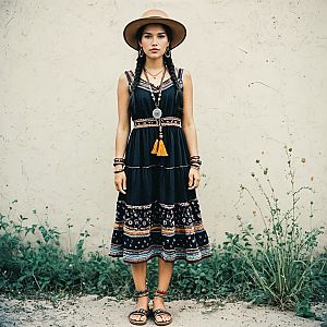 Confident Young Woman in Boho Dress Against Textured Wall