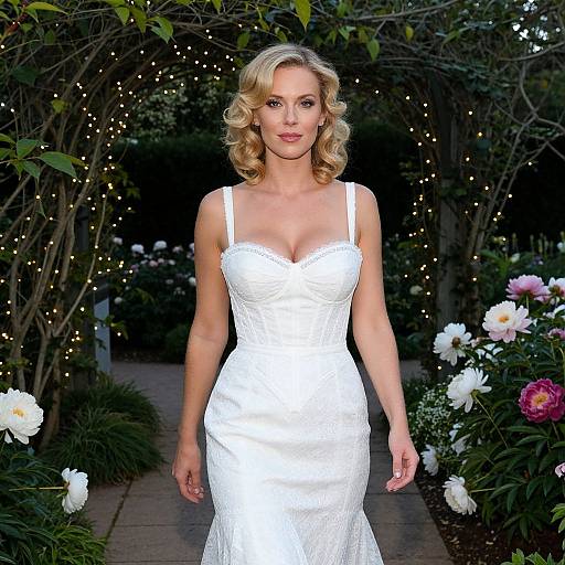Elegant Woman in White Dress Walking Through Garden with Fairy Lights