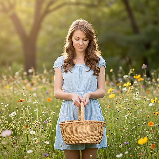 Young Woman in Light Blue Dress Holding Basket in Wildflower Meadow