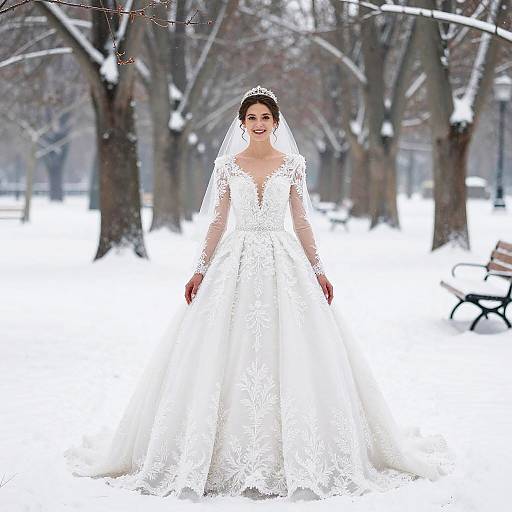Elegant Winter Wedding Dress with Lace Details on Bride in Snowy Park