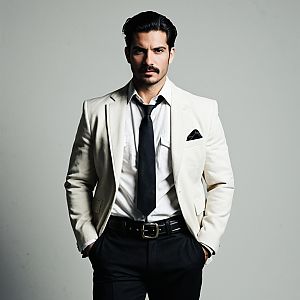 Adult Man in Classic Gangster Style White Suit and Black Tie