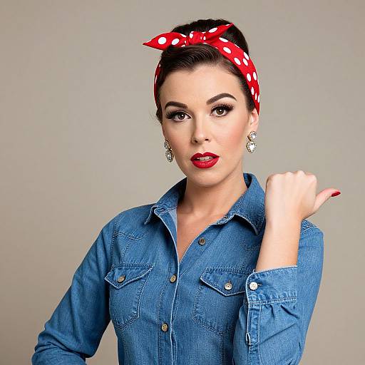 Vintage 1950s Woman in Denim Shirt with Red Polka Dot Headband