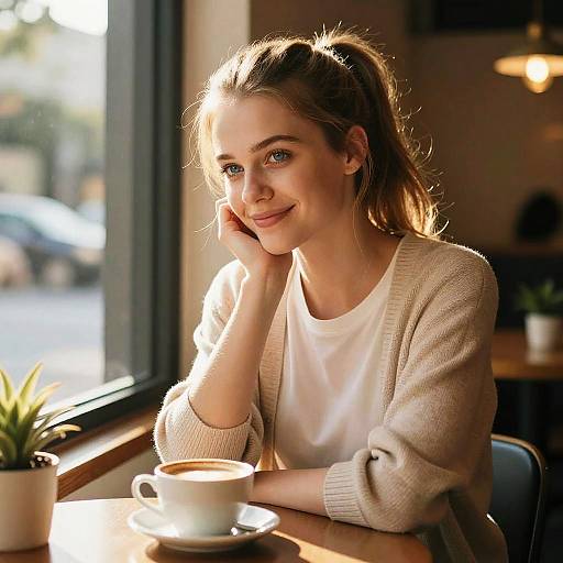 Gen Z Woman Relaxing with Coffee in Cozy Cafe by Window