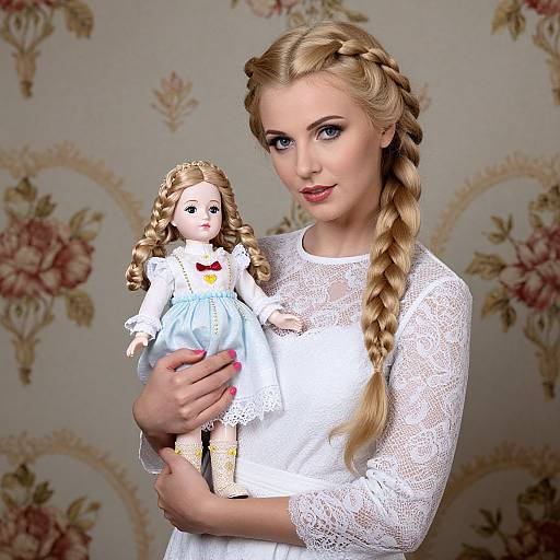 Young Blonde Woman Holding Vintage Porcelain Doll with Braided Hair
