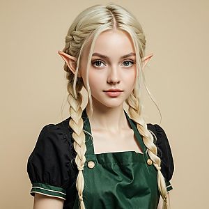 Realistic Fantasy Elf Woman with Blonde Braids in Green Apron