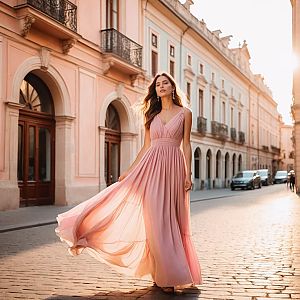 Woman in Flowing Pink Dress Walking on Sunlit Cobblestone Street with Classic Architecture