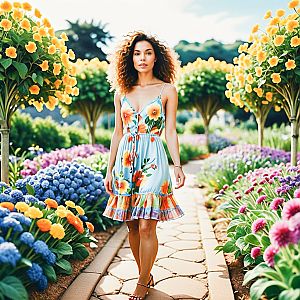 Woman in Floral Dress in Vibrant Garden