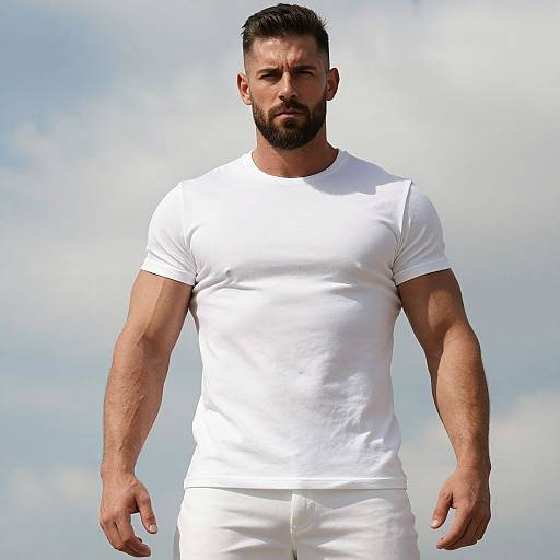 Muscular Man Wearing White T-Shirt Against Cloudy Sky