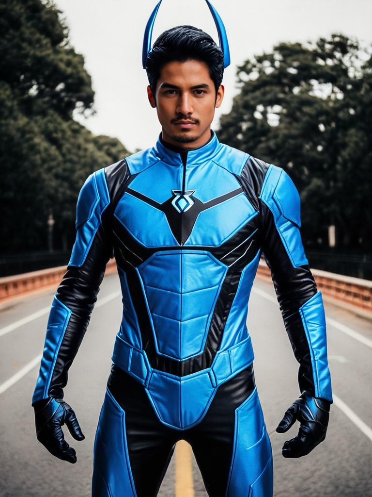 Man Wearing Blue Beetle Jaime Reyes Cosplay Costume Realistic Photo