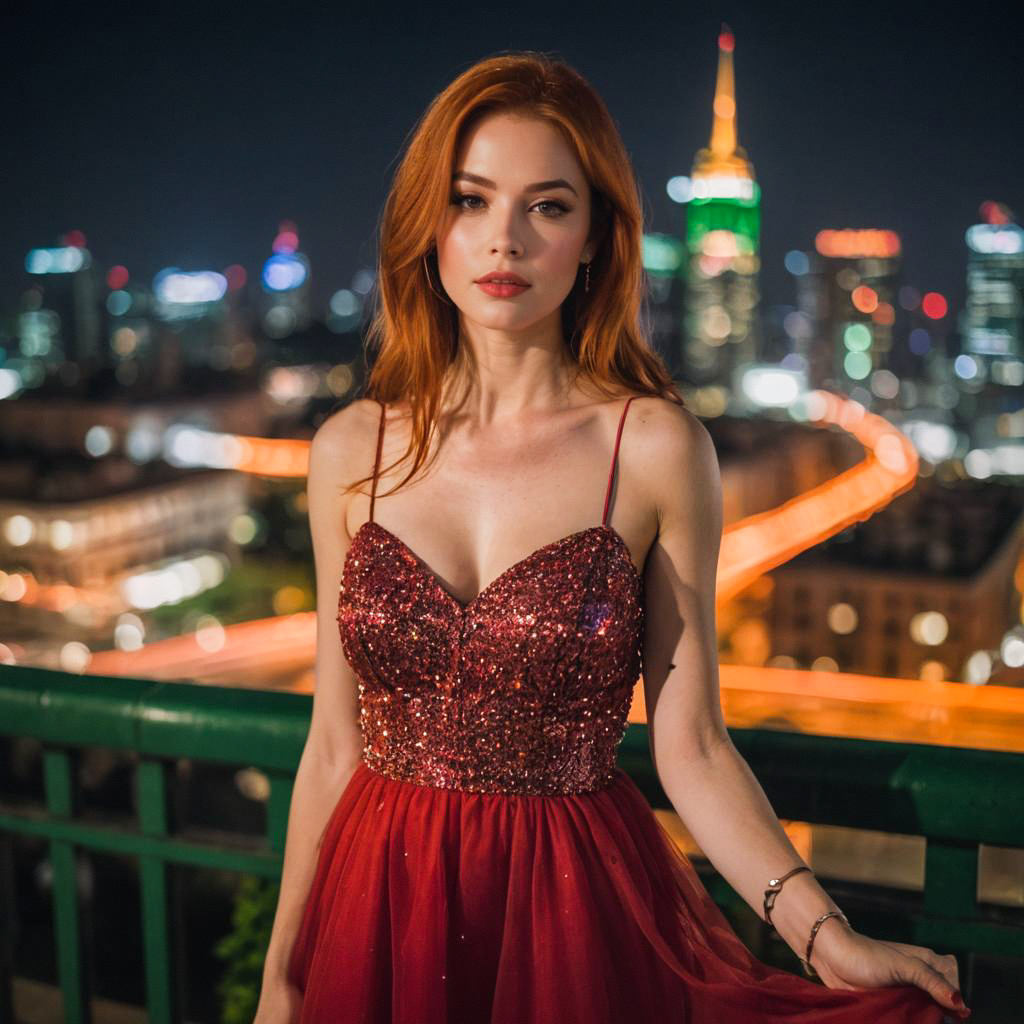Young Woman in Red Dress on Balcony at Night