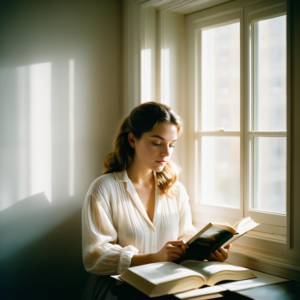 Woman Reading by Sunlit Window