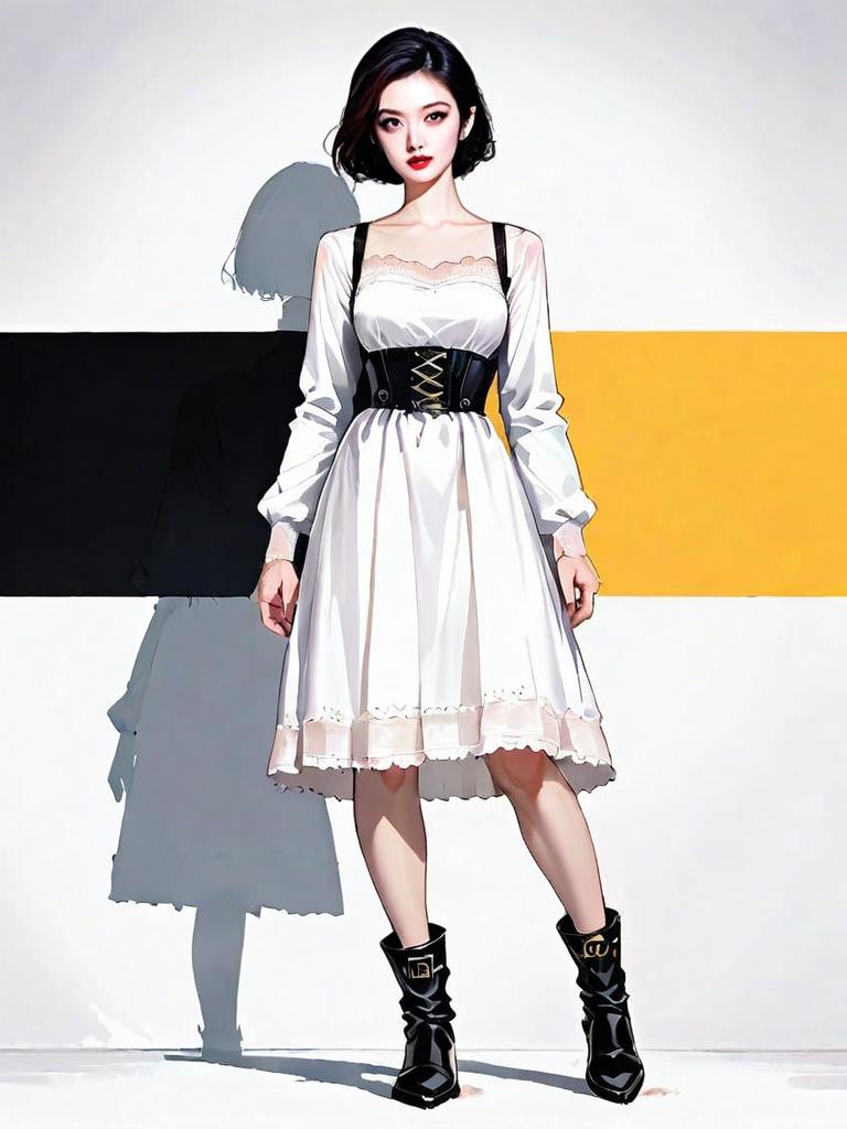 Realistic Comic Style Woman in White Dress with Black Corset Belt Full Body Portrait