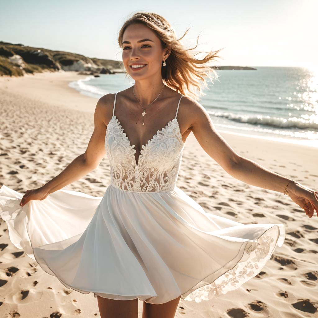 Joyful Woman Twirling on Beach in Elegant Dress