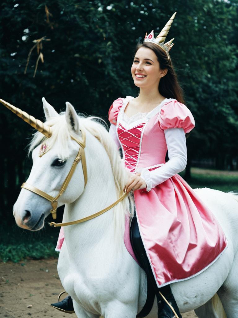 Woman in Princess Costume Riding White Unicorn Horse Cosplay
