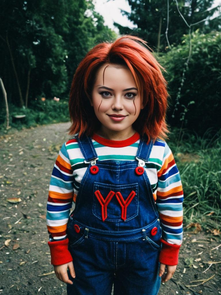 Woman in Chucky Costume with Striped Shirt and Denim Overalls