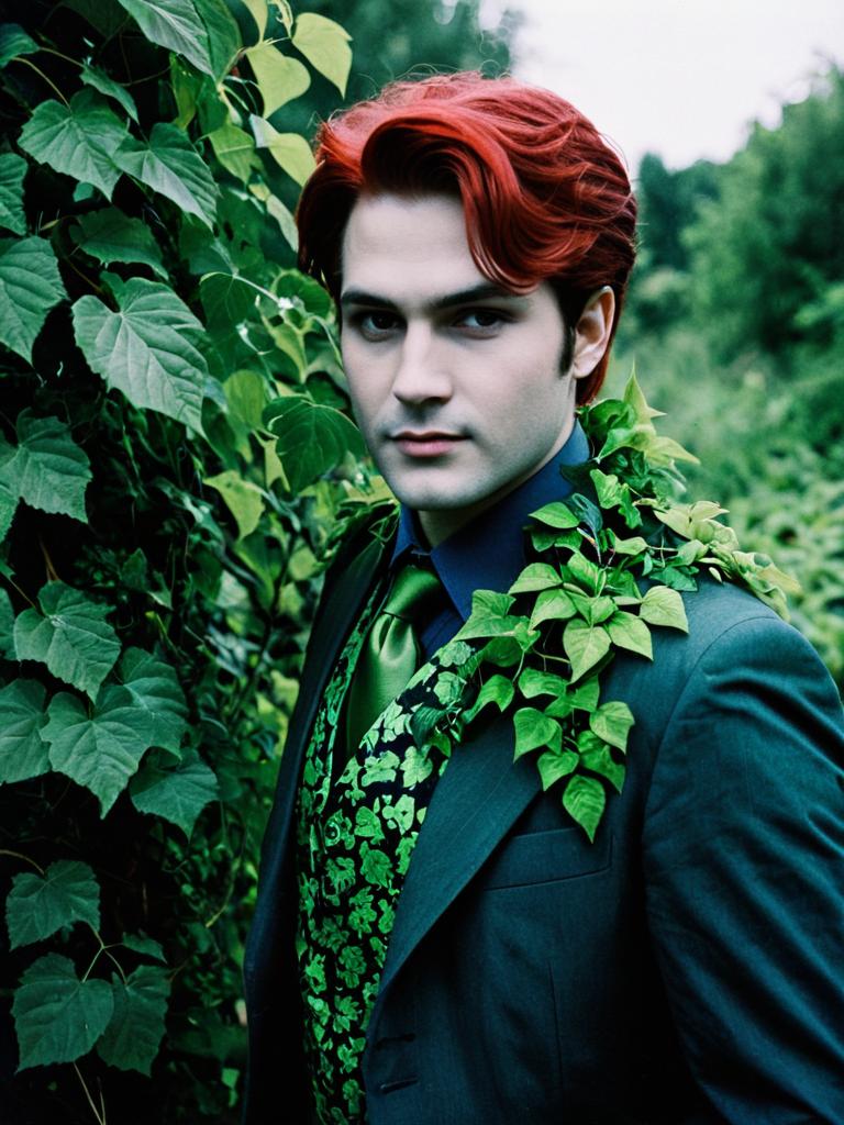 Photorealistic Man in Poison Ivy Cosplay Outdoor Portrait Twilight