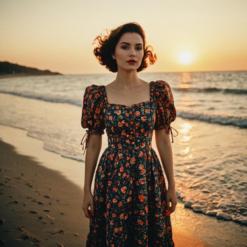 Woman in Floral Vintage Dress on Beach at Sunset