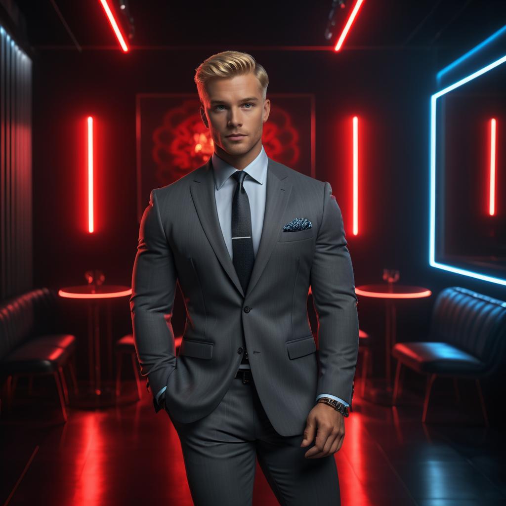 Stylish Man in Gray Suit at Neon Bar