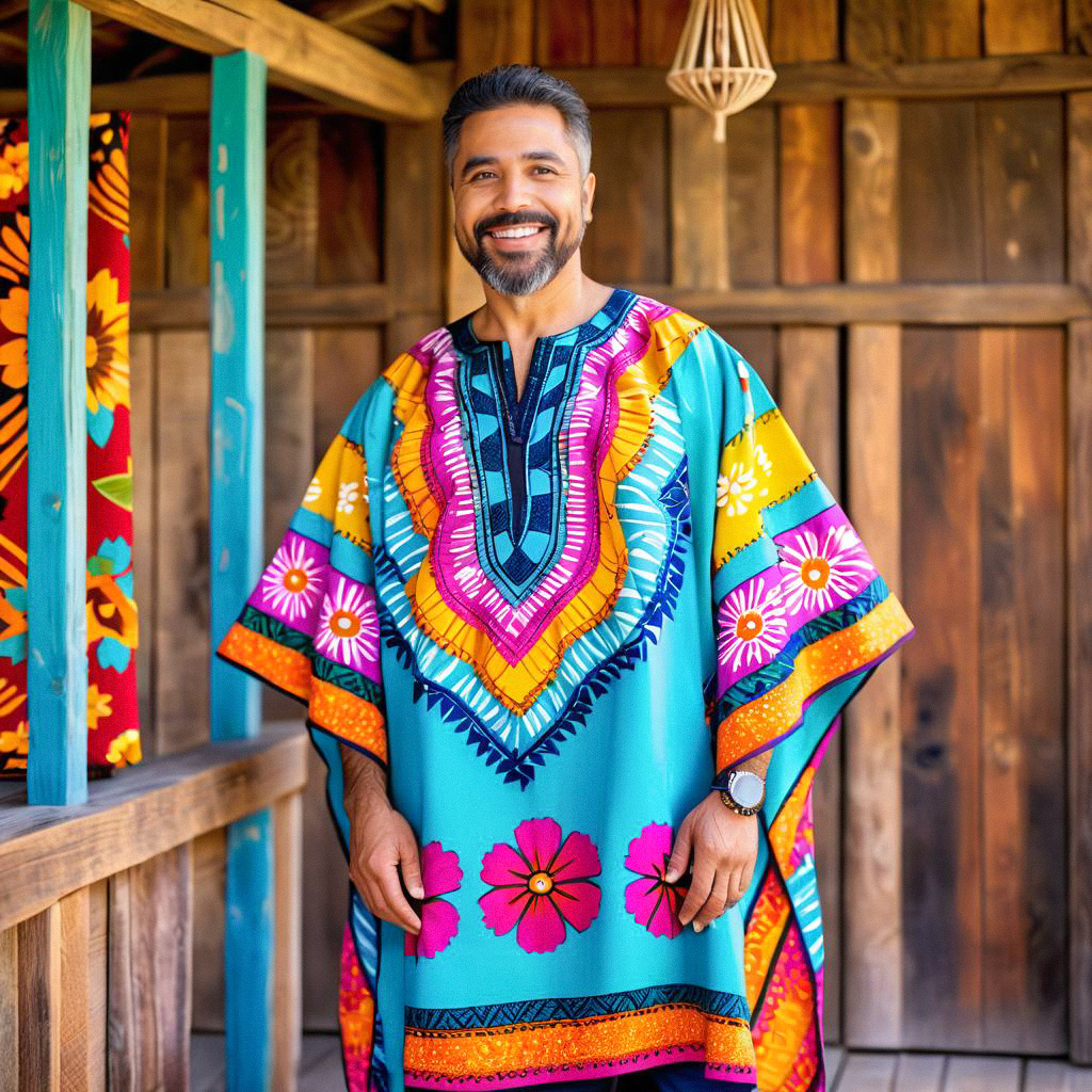 Cheerful Man in Colorful Floral Tunic