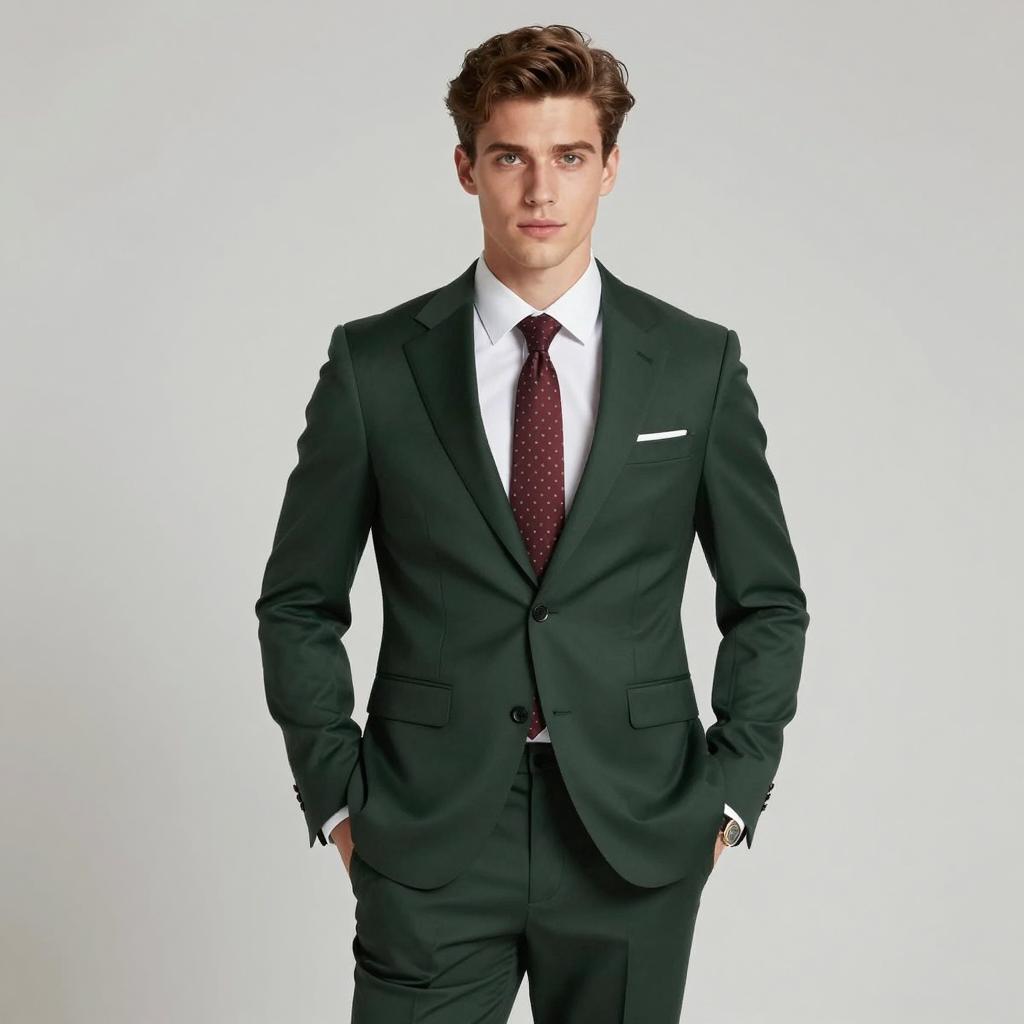 Young Man in Stylish Dark Green Suit with Maroon Polka Dot Tie