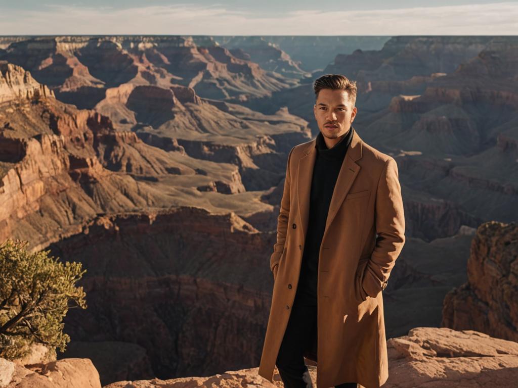 Man in Camel Coat Against Canyon Backdrop