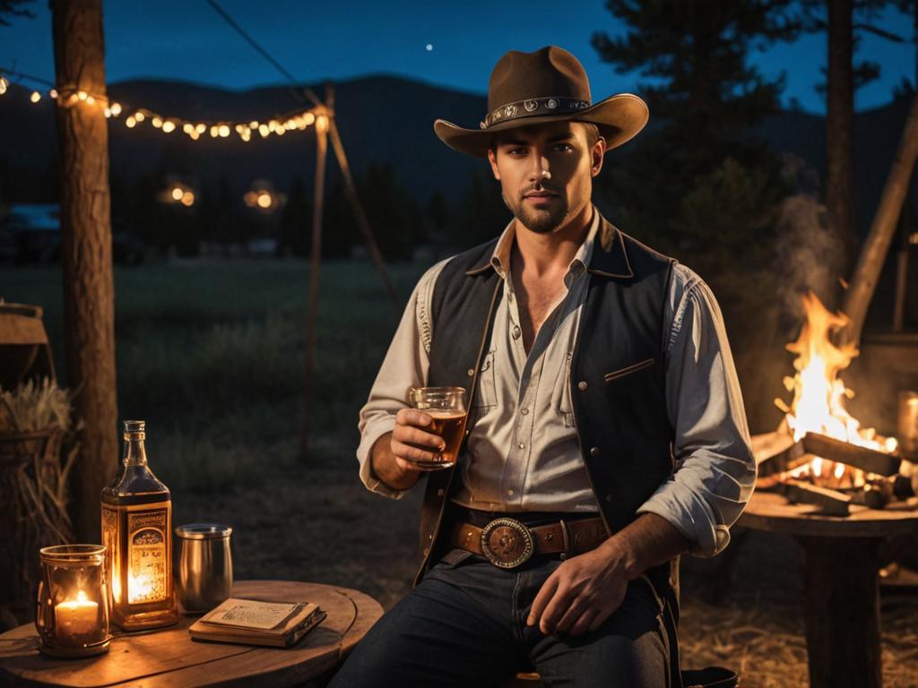 Rugged Man by Campfire Under Evening Sky