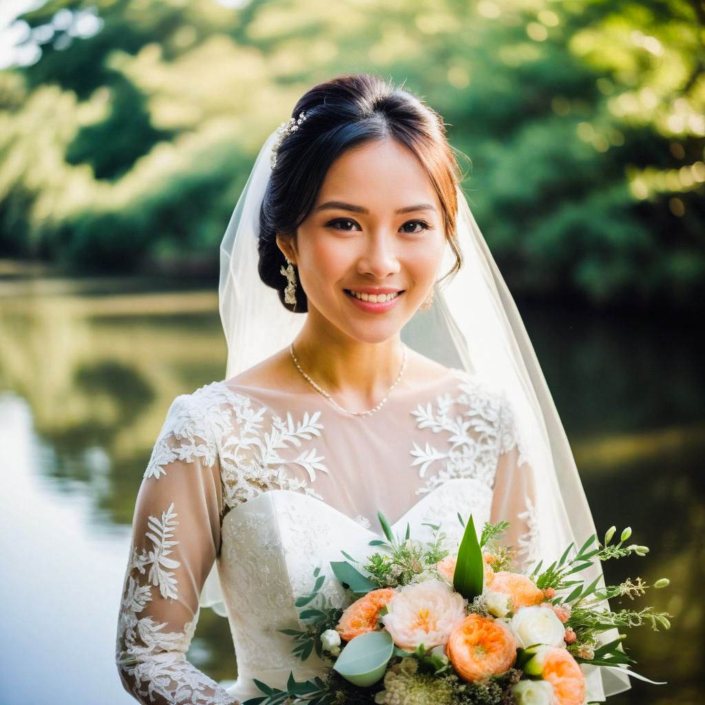 Smiling Bride in Lace Dress by Water