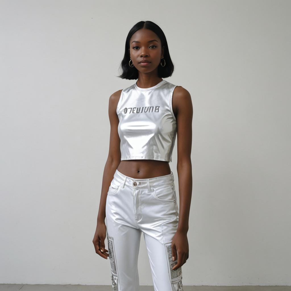 Stylish Young Woman in Silver Metallic Crop Top and White Pants Fashion Portrait