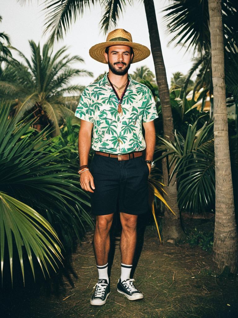 Man in Tropical Shirt and Straw Hat at Jungle Theme Party