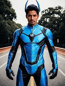 Man Wearing Blue Beetle Jaime Reyes Cosplay Costume Realistic Photo