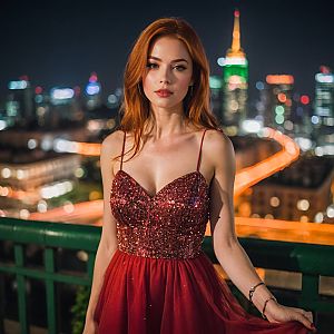 Young Woman in Red Dress on Balcony at Night
