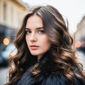 Close-up of Young Woman in Black Fur Coat