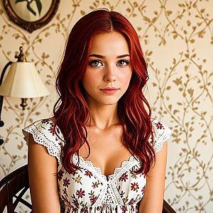 Young Woman with Red Hair in Floral Dress