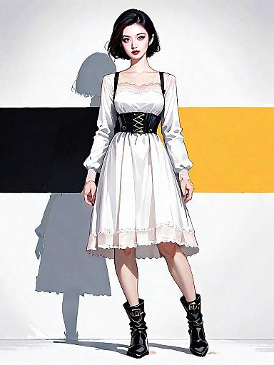 Realistic Comic Style Woman in White Dress with Black Corset Belt Full Body Portrait