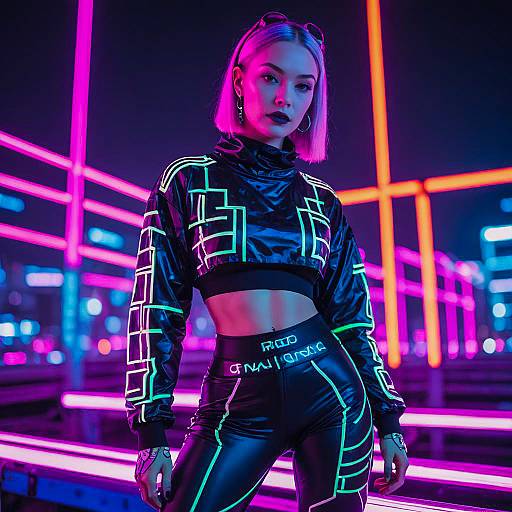 Futuristic Neon Cyberpunk Woman in Glowing Electronic Outfit