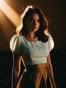 Contemporary Chic Woman in White Textured Crop Top with Mustard Skirt