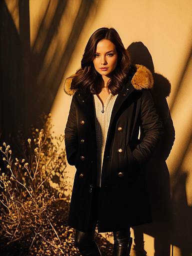 Woman in Casual Warm Winterwear Black Parka with Fur-Lined Hood
