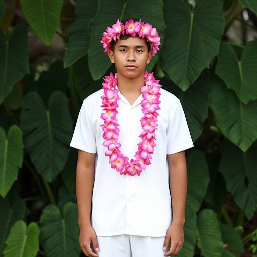 Young Man Wearing Pink Flower Lei and Crown in Tropical Setting