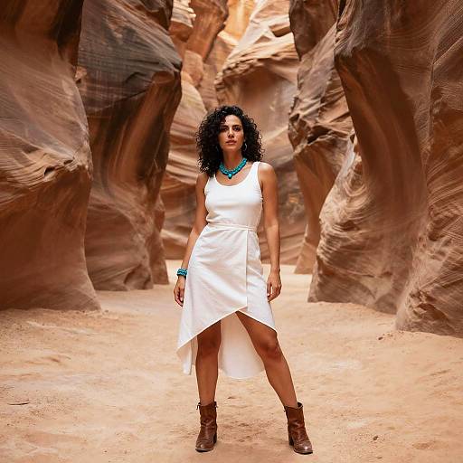 Stylish Woman in White Dress Posing in Beautiful Slot Canyon Landscape