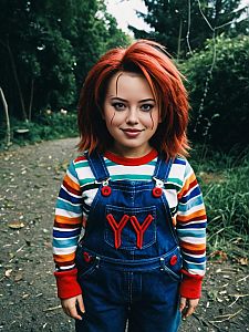 Woman in Chucky Costume with Striped Shirt and Denim Overalls