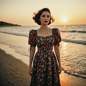 Woman in Floral Vintage Dress on Beach at Sunset