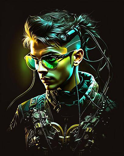 Cyberpunk Futuristic Man with Neon Green Sunglasses and Cybernetic Gear