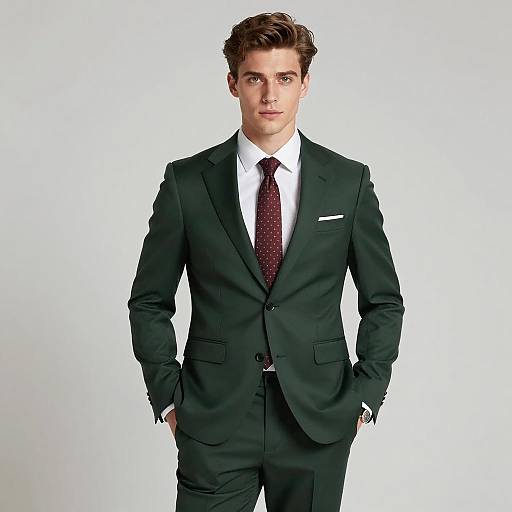 Young Man in Stylish Dark Green Suit with Maroon Polka Dot Tie