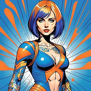 Vibrant Comic-Style Confident Woman with Blue and Orange Hair