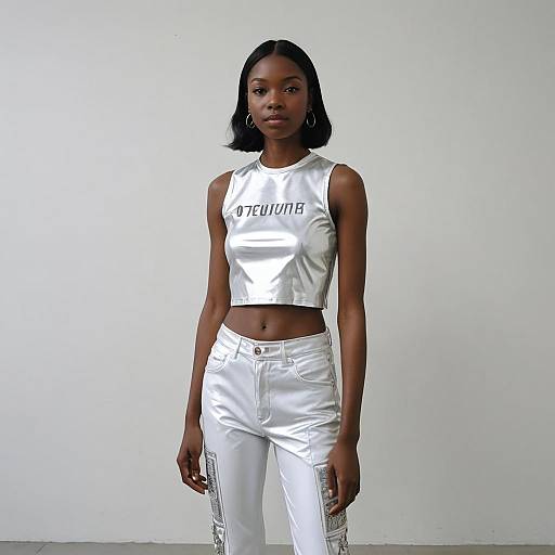 Stylish Young Woman in Silver Metallic Crop Top and White Pants Fashion Portrait