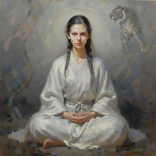 Meditative Woman in Martial Arts Attire with Tiger - Classical Oil Painting