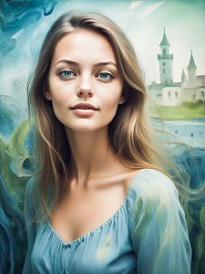 Serene Woman with Blue Eyes in Fantasy Landscape